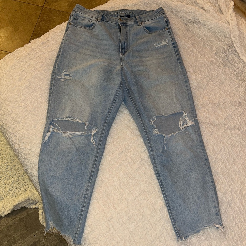 American Eagle Outfitters Light Blue Distressed Curvy Fit Mom Jeans